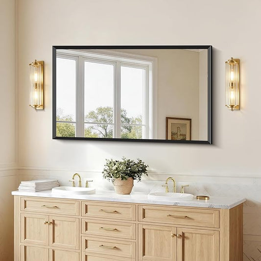 Black Bathroom Mirror 36 x 60 Inch Rectangle Wave Beveled Frame for Wall Bathroom Vanity Mirror for Over Sink, Tempered Glass,for Entryway Hangs, Bathroom Living Room Horizontal or Vertical