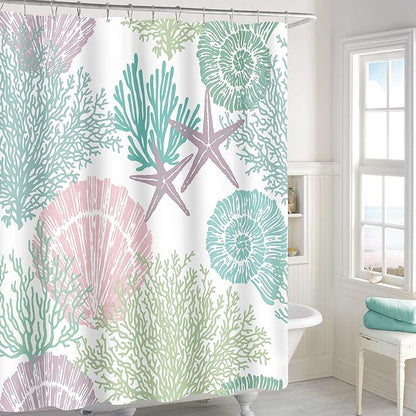 Extra Long Shower Curtain 72 x 84 Inch, Tall Pink Green Nautical Coastal Fabric, Summer Tropical Seashell Starfish Coral Beach Ocean Themed for Bathroom Decor