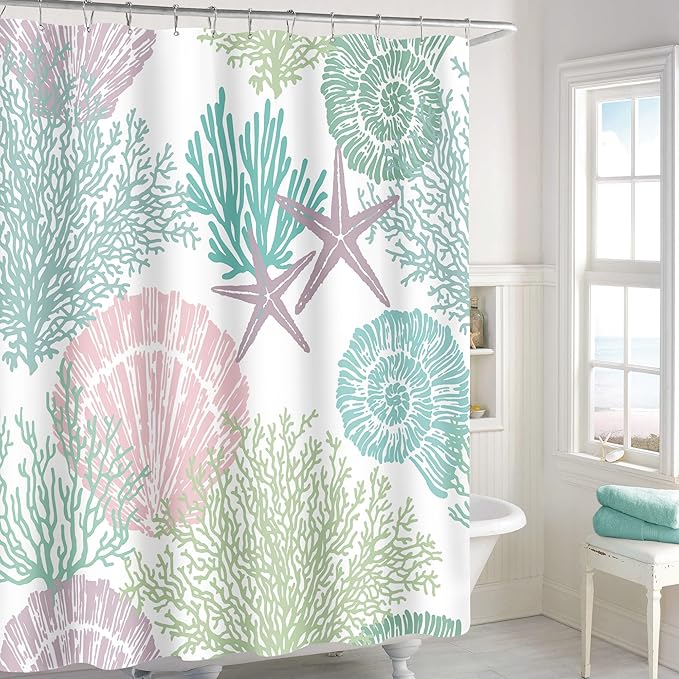 Long Shower Curtain 72 x 78 Inch, Tall Pink Green Nautical Coastal Fabric, Summer Tropical Seashell Starfish Coral Beach Ocean Themed for Bathroom Decor