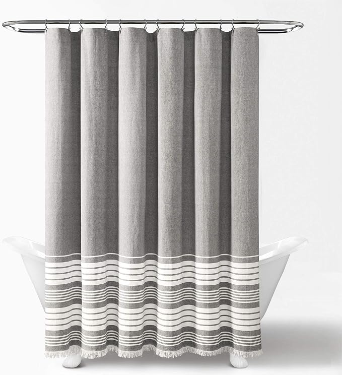 Lush Decor Nantucket Yarn Dyed Cotton Blend Tassel Fringe Shower Curtain Single 72" W x 72" L Gray - Gray Shower Curtains for Bathroom Curtain