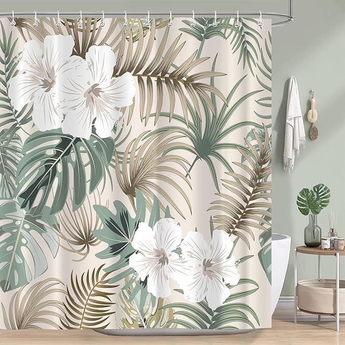 Tropical Shower Curtain for Bathroom, Green Palm Tree Flower Plant Boho Leaf Banana Monstera Sage Beige Shower Curtains Set, Fabric Bathroom Accessories with Hooks