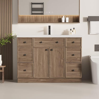 LUCKWIND 48" Bathroom Vanity Sink Combo, Modern Bathroom Cabinet with Single Undermount Solid Surface Vanity Sink, Soft-Close Hinges & Water-Saving Faucet, Taupe