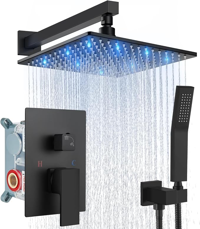 Aolemi Shower Faucet Set with Valve Handheld 10" LED Head Matte Black | Handheld Spray,10 Inch Rain LED Head,Valve and Trim Kit,All Metal,Wall Mount Shower System,Bathroom Mixer