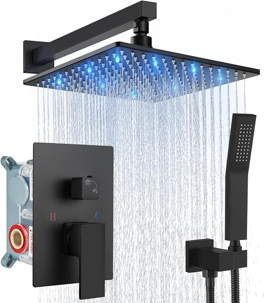 Aolemi Shower Faucet Set with Valve Handheld 10" LED Head Matte Black | Handheld Spray,10 Inch Rain LED Head,Valve and Trim Kit,All Metal,Wall Mount Shower System,Bathroom Mixer