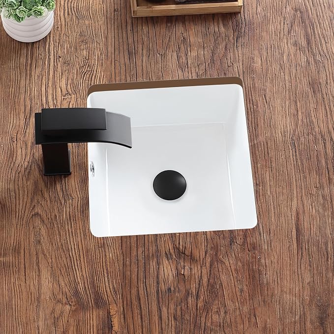 14 Inch Small Undermount Bathroom Sink White Square,Overflow Type | Ceramic Under Counter Bathroom Sink for Cabinet Porcelain Vanity Sinks(13.8"x13.8")