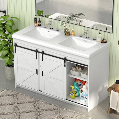 48" Bathroom Vanity with Double Sink, Bathroom Vanities with 2 Sliding Drawers and 4 Storage Shelves, Farmhouse Bathroom Vanity with Sink and Countertop, Bathroom Vanity Cabinet Set