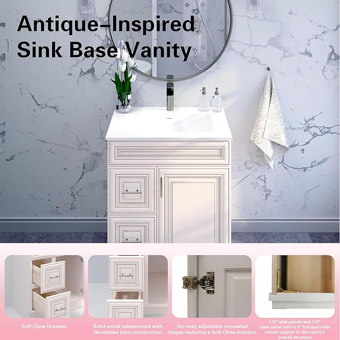 30" Shaker Bathroom Vanity Sink Base with Drawers (Ready-to-Assemble) (Antique White Vanity Base)