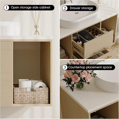 38.2 inch Modern Floating Bathroom Vanity with Sink, Wall Mounted Bathroom Cabinet with Oval Fluted Ceramic Sink, Pure White Counter Top, 2 Soft Closing Drawers & Open Storage Shelf