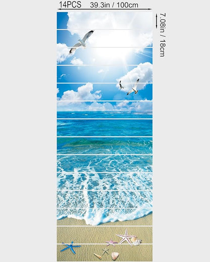 FLFK Stair Riser Decals,Sunshine Ocean Beach Vinyl Sticker for Stairs Decoration,14Pcs 39.3"X7.08"