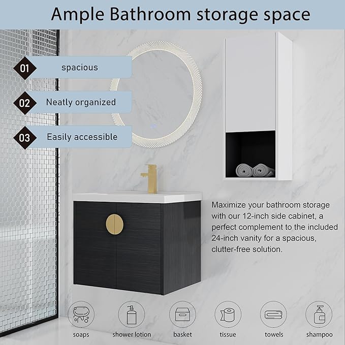 24'' Floating Bathroom Vanity with Sink Combo,24 Inch Bathroom Vanity with Sink, Modern Wall Mounted Cabinet Set with 12'' Side Cabinet Combo,Black
