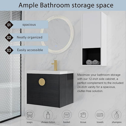 24'' Floating Bathroom Vanity with Sink Combo,24 Inch Bathroom Vanity with Sink, Modern Wall Mounted Cabinet Set with 12'' Side Cabinet Combo,Black