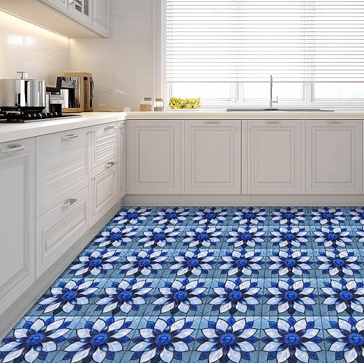 Blue Stained Glass Flower Peel and Stick Floor Tiles 12x12 Inch 10PCS | Blue stained glass style flower pattern vinyl floor stickers for kitchen bathroom entryway and indoor home decor