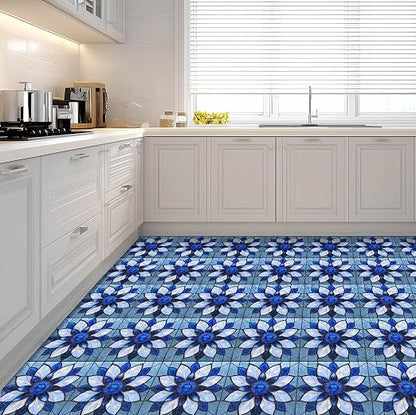 Blue Stained Glass Flower Peel and Stick Floor Tiles 12x12 Inch 10PCS | Blue stained glass style flower pattern vinyl floor stickers for kitchen bathroom entryway and indoor home decor