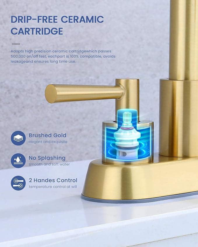 Bathroom Faucet with Pull Out Sprayer, 3 Holes Pull Down Gold Faucet | Stainless Steel Lead-Free, 4 Inch Centerset Vanity Faucet, 2 Handle, 3 Hole Gold Faucet for RV Laundry Restroom