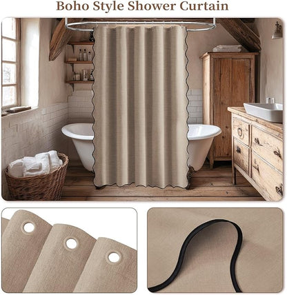 BTTN 54 Inch Narrow Shower Curtain, Boho Scalloped Linen Textured Thick Fabric Shower Curtain Set with 10 Hooks, Small Farmhouse Modern Waterproof Cloth Shower Curtains for Bathroom, 54x78, Tan/Taupe