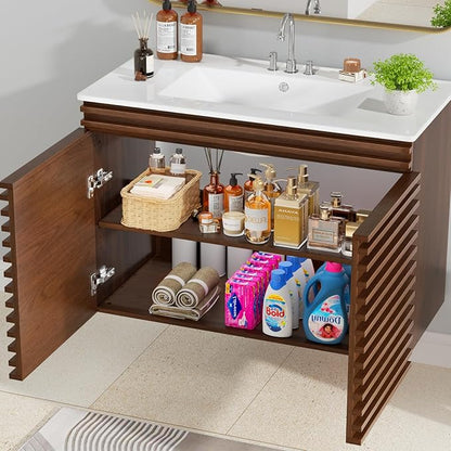 ROOMTEC 36" Bathroom Vanity with Ceramic Sink Combo, Mid-Century Wall Mounted Floating Bathroom Vanity Cabinet with 2 Closing Doors, Wood Grain Texture, Walnut
