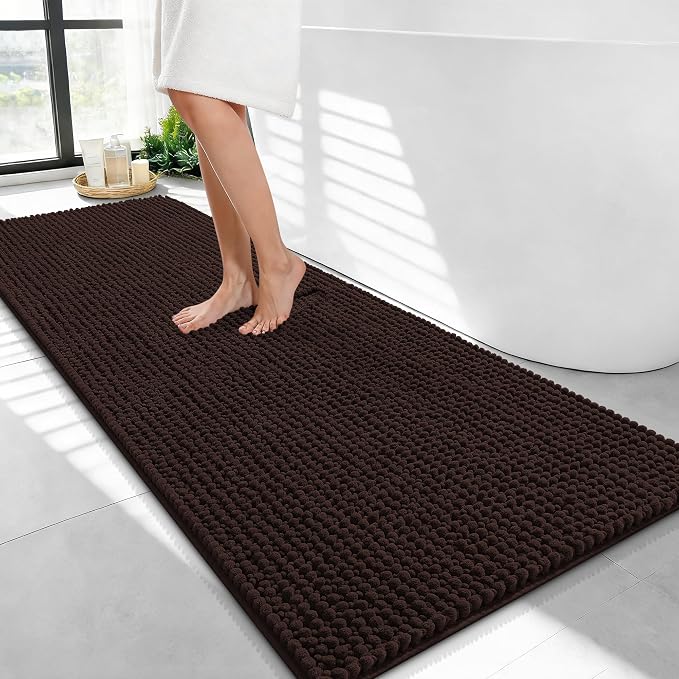 OLANLY Thick Chenille Bathroom Runner Rugs 47x24, Absorbent Bath Mat, Brown | Soft Bath Rugs, Rubber Backing, Machine Wash Dry, Bath Mats for Bathroom, Tub and Shower, Home Decor Accessories