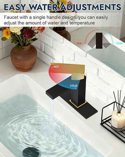 Midanya Bathroom Faucets 1 Hole, Single Handle Stainless Steel Bathroom Sink Faucet, Modern Vanity Faucets with Deck Plate,Water Supply Hoses and Pop Up Drain,Matte Black and Brushed Gold Handle