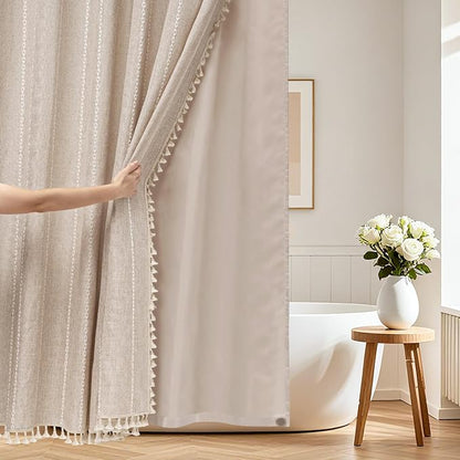Seenus Boho Farmhouse Shower Curtain and Fabric Liner Set, Heavyweight Linen Textured Fabric Shower Curtain Taupe with Tassels, 2 in 1 Waterproof Fabric Shower Curtain Set for Bathroom, 72x72 Inch