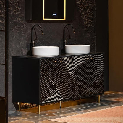 Woodbridge 60"X22" Bathroom Vanity with Double Ceramic Round Vessel Sinks,Black Engineered Stone Vanity Top– Hand-Painted Black & Gold Accents, Sleek Thin-Leg Frame, Space-Saving for Modern Living