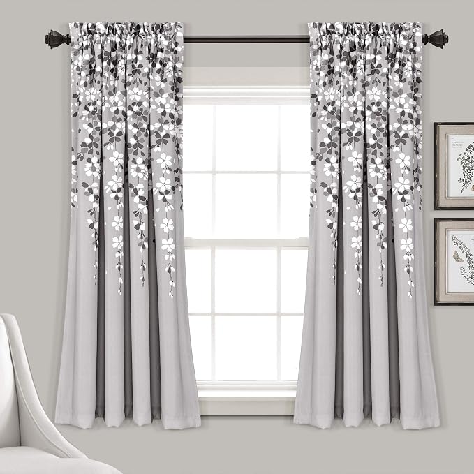 Lush Decor Weeping Flower Light Filtering Window Curtain Panels, Pair, 52"W x 63"L + 2" Header, Gray - Charming Modern Floral Curtains for Living Room, Dining Room, & Bedroom