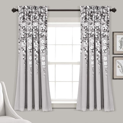 Lush Decor Weeping Flower Light Filtering Window Curtain Panels, Pair, 52"W x 63"L + 2" Header, Gray - Charming Modern Floral Curtains for Living Room, Dining Room, & Bedroom