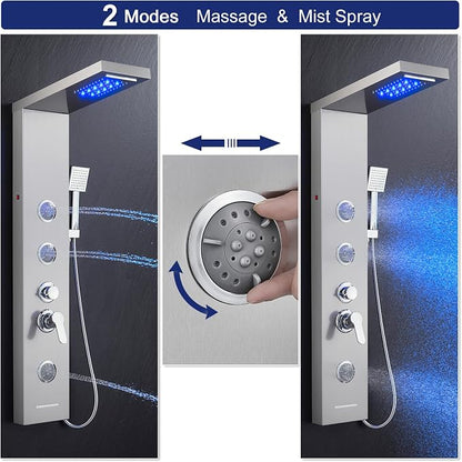ROVATE 6-in-1 LED Rainfall Waterfall Shower Panel Tower System, Brushed | High Pressure Stainless Steel Shower Column with Tub Spout, 2-Setting Body Jets and Flexible Handheld, Water Flow Adjustable