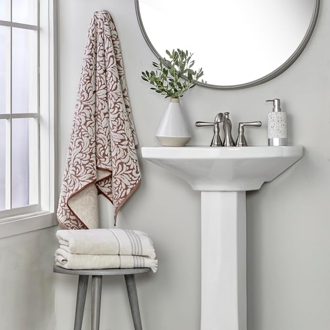 SKL Home Renan Bath Towel, 100% Turkish Cotton, Clay Oxford | 600 GSM weight. Spa-level quality. Soft & absorbent, textured jacquard.