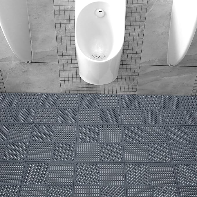 9 Pack Modular Interlocking Outdoor Shower Mat with Drain Holes for Bathroom, Shower, Laundry Room, Basement, Boat, 12" x 12" Dark Gray