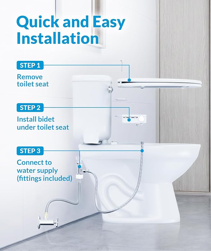 CLEAR REAR Bidet Attachment for Toilet Seat - Non-Electric with Self Cleaning Dual Nozzles, Leak Proof Connectors, Adjustable Water Spray, Rear & Feminine Wash - Hygienic Bathroom Upgrades