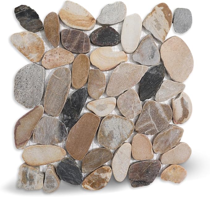 Pebble Tile for Shower Floor, Brown Sliced Stone Pebble Mosaic Tile | Stain Resistant 12"x12" Stone Backsplash for Kitchen, Fireplace Surround & Spa Wall Decor Outdoor Areas and Garden Path 5SqFt