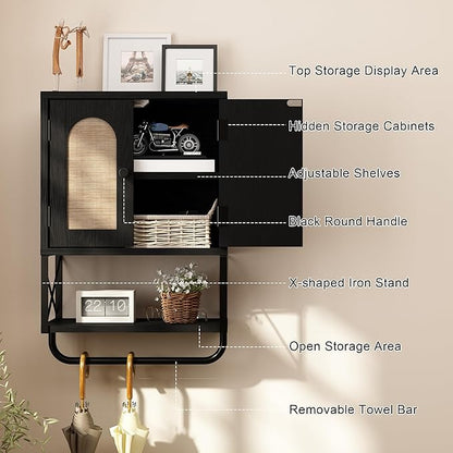 RUSTOWN Rattan Bathroom Wall Cabinet, Boho Over The Toilet Storage Cabinet with Arched Rattan Doors, Modern Medicine Cabinet with Adjustable Shelves & Towel Bar (Black, Small)