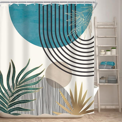 Mid Century Boho Abstract Blue Modern Gray Bathroom Shower Curtain Set | 60Wx72L Sun Arch design, waterproof HD print with fast-drying fabric and 12 hooks.