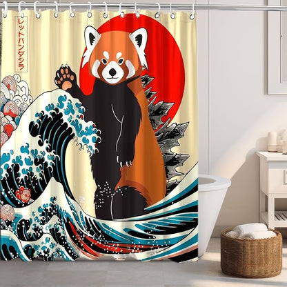 Funny Cute Red Panda Shower Curtain, Japan Animal Ocean Sea Wave Fabric Shower Curtains Set, Japanese Art Shower Curtains with Hooks, Kids Bathroom Art 72x72inch