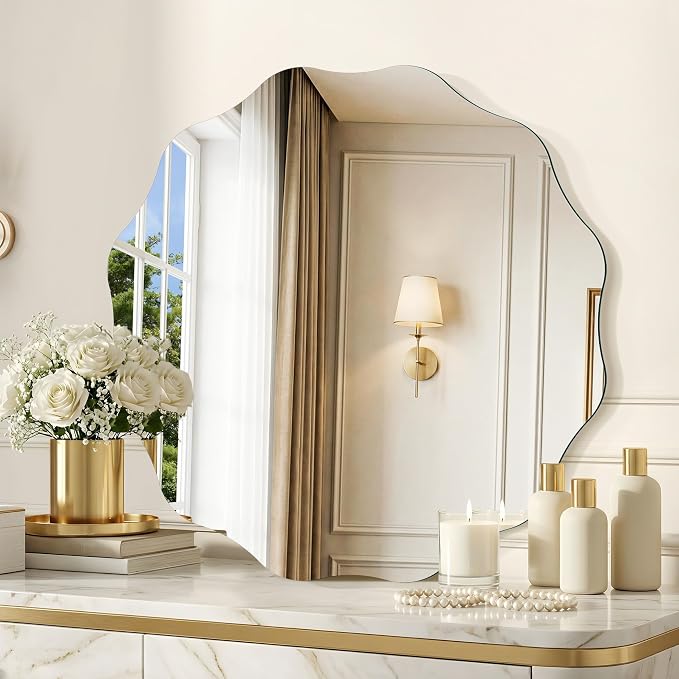 CILIBER Wavy Mirror for Wall, 24'' Scalloped Frameless Round Mirror, 3mm Tempered Glass Decorative Bathroom Vanity Mirror, Mounting/Leaning for Mantel, Living Room, Bedroom and Entryway