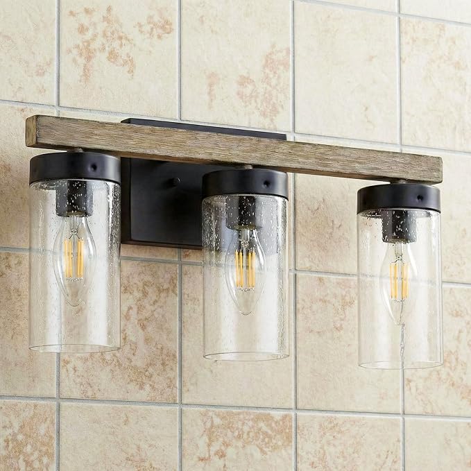 Rustic Vintage Wall Sconce, Farmhouse Vanity Light, Bathroom Wood Wall Light Over Mirror with Seedy Glass Shade.(Pinewood, 3-Light)