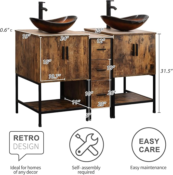 UEV Rustic Brown 60" Double Bathroom Vanity with Sink Combo,Industrial Iron Frame 2 Main Bathroom Vanity with Middle 3 Drawers Cabinet,Modern Brown Boat Tempered Glass Vessel Sink(029BR)