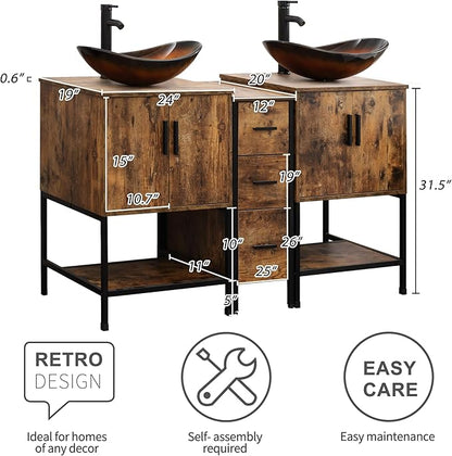UEV Rustic Brown 60" Double Bathroom Vanity with Sink Combo,Industrial Iron Frame 2 Main Bathroom Vanity with Middle 3 Drawers Cabinet,Modern Brown Boat Tempered Glass Vessel Sink(029BR)