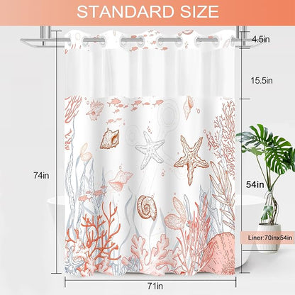 No Hook Shower Curtain and Liner Set, Coral Beach Coastal 71x74 | Nautical Ocean for Bathroom, with Snap in Liner Replacement, Mesh Top Window, Waterproof, Machine Washable, Quick-Drying