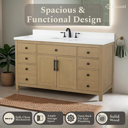 Lavanti Oakford 60 Inch Bathroom Vanity with Sink – Stylish Firwood Oak Vanity Bathroom with Storage Cabinet – Modern Bathroom Vanities with Single Vanity Sink & Quartz Countertop