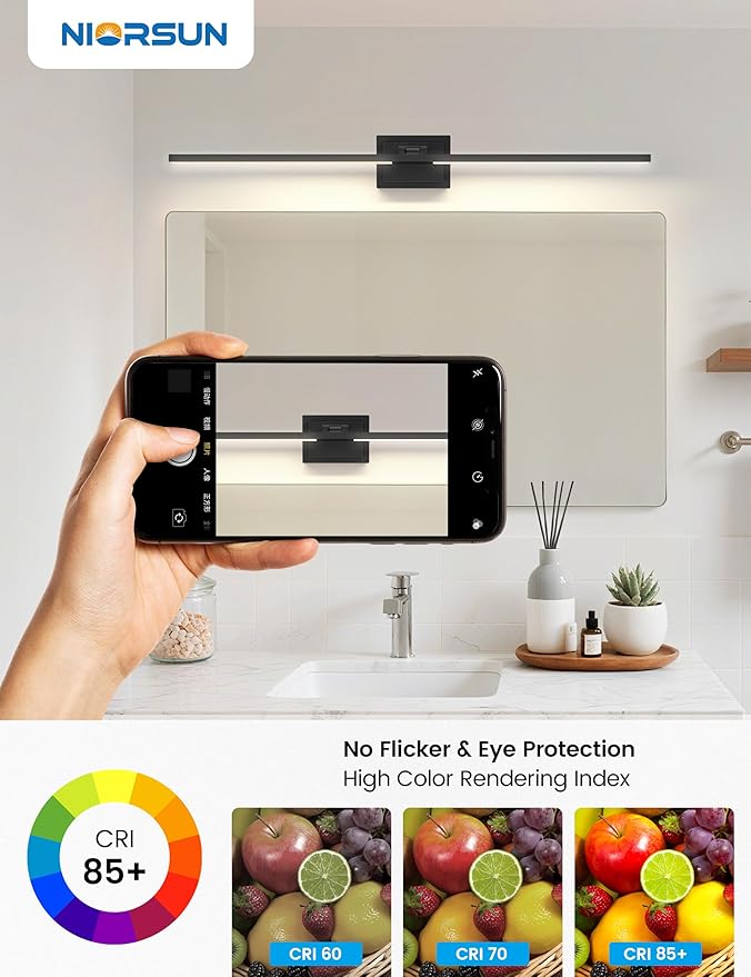 NIORSUN 46.5 Inch Modern Bathroom Light Fixture, 40W 5CCT Dimmable LED Black Bathroom Vanity Lights Over Mirror, Vanity Lights for Bathrooms Restroom Mirror