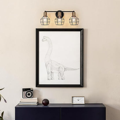 LALUZ Modern Farmhouse Mid-Century 3-Light Black and Gold Bathroom Vanity Light with Industrial Metal Cage