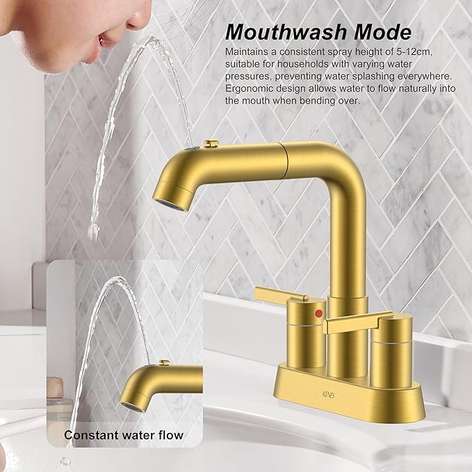 KENES Pull Down Bathroom Faucet with Sprayer, Brushed Gold 4 Inch 2 Handle Centerset Bathroom Faucet 3 Hole with Pull Out Sprayer, Vanity Faucet with Pop Up Drain & Supply Lines LJ-9059A-4