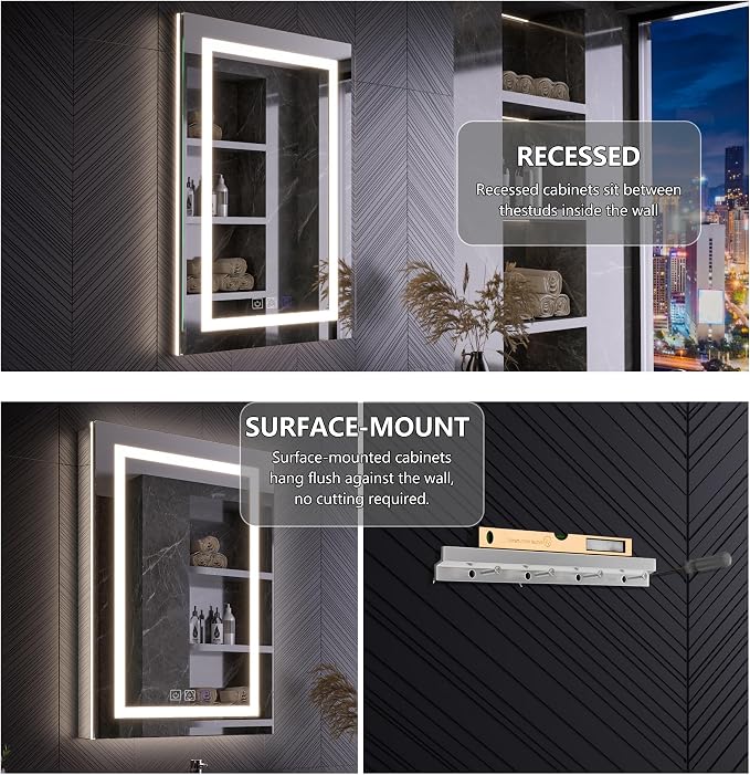 Smart LED Medicine Cabinet with Mirror, 24W×36H Inch Bathroom Storage Medicine Cabinet, 3 Color Stepless Dimming & Anti-Fog, 5X Magnifier, Night Light, DTC Soft-Close Left Hinges