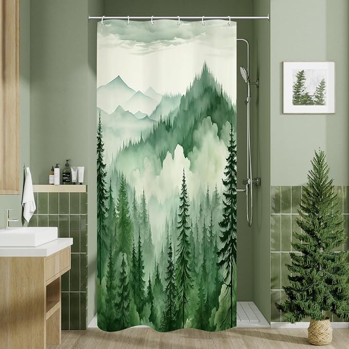 Litabel Green Small Stall Misty Pine Forest Shower Curtain 36 x 72, Mountain Foggy Woodland Scenery Tree Narrow Half Size Shower Curtains for Bathroom, Abstract Waterproof Nature-Themed Decor