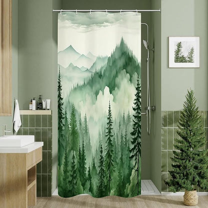 Litabel Green Small Stall Misty Pine Forest Shower Curtain 36 x 72, Mountain Foggy Woodland Scenery Tree Narrow Half Size Shower Curtains for Bathroom, Abstract Waterproof Nature-Themed Decor