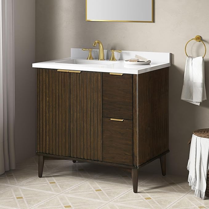 OVE Decors Indy 36 in. Undermount Single Sink Bathroom Vanity with White Engineered Marble Top, Dark Walnut