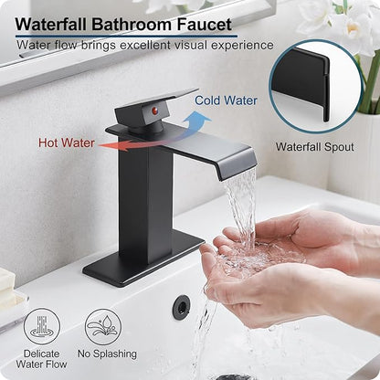Waterfall Bathroom Faucet, Brass Matte Black Bathroom Faucet 1 Hole or 3 Holes, Bathroom Faucets Single Handle, 4 Inch Bathroom Sink Faucet with Deck Plate & Pop-Up Drain for Lavatory No Noise