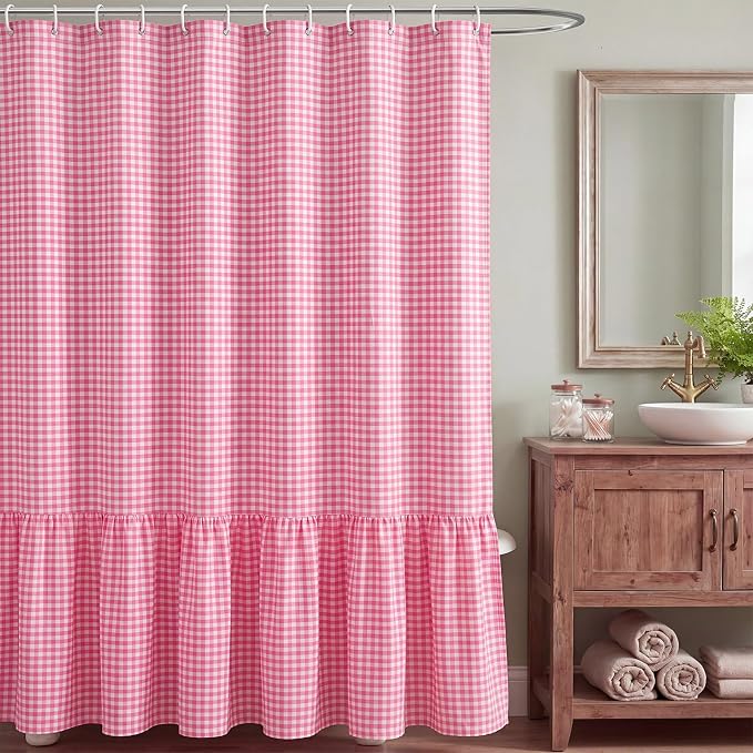 HunnmingRe Ruffle Hem Gingham Shower Curtain Pink | 72'' x 72'' Vintage Farmhouse Curtain, Cotton Cottage Core Rural Checkered Plaid Decor, Fall Shower Curtain for Bathroom