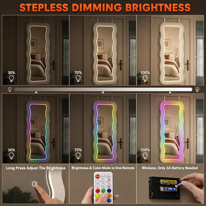 Fiqevs RGB Mirror Jewelry Cabinet, Remote Control LED Wavy Wall Door Mirror | Hanging Mirror with Storage, Full-Length, Lockable, Jewelry Organizer with Lighted Mirror, White Jewelry Armoire
